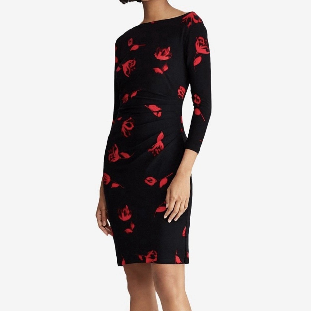 Ralph Lauren Red Black Floral 3/4 Sleeve Ruched Ruffle Sheath Dress 6
